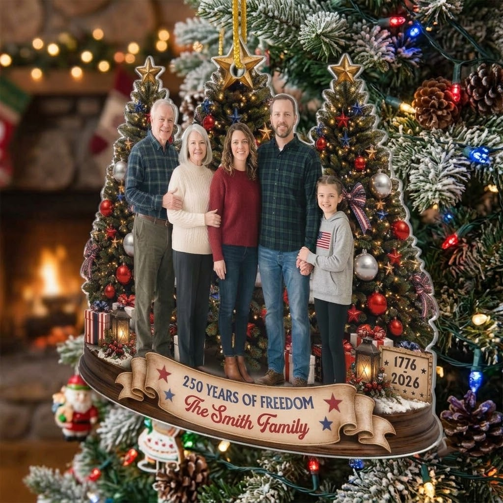 Customer in Austin, Texas wearing 250 Years of Freedom 1776 2026 Ornament Personalized America 250th Anniversary Family Christmas Keep