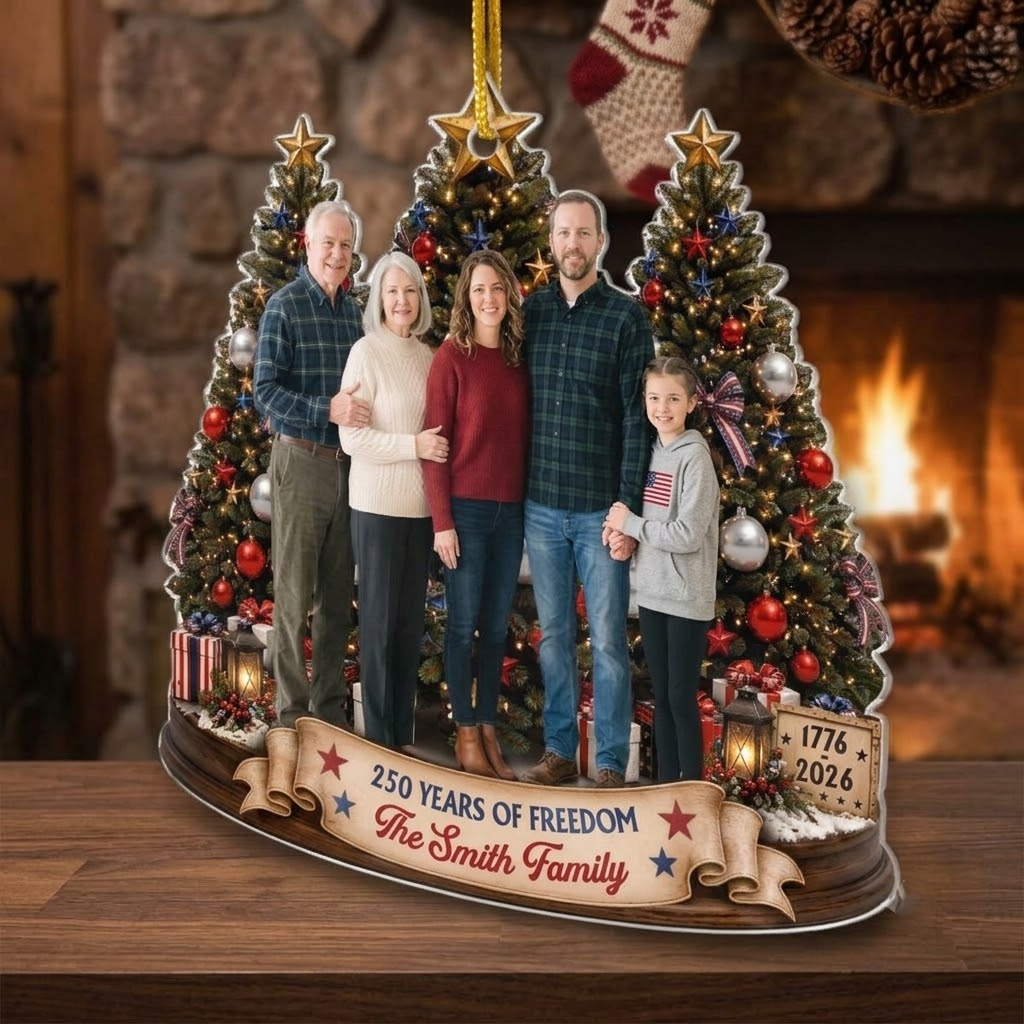 Close-up of 250 Years of Freedom 1776 2026 Ornament Personalized America 250th Anniversary Family Christmas Keep for streetwear fans in Austin, Texas