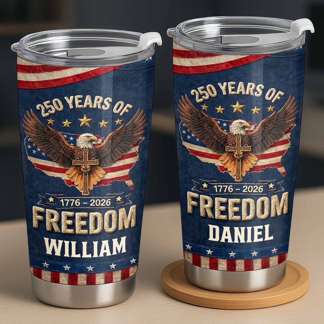 Customer in Austin, Texas wearing 250 Years of Freedom 1776-2026 Tumbler Patriotic Eagle Cross America Semiquincentennial Stainless St