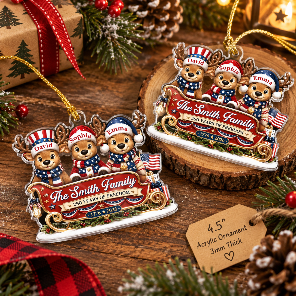 250 Years of Freedom Ornament 1776-2026 Patriotic Reindeer Sleigh Acrylic Christmas Tree Decor on a hanger, ready to ship from Austin, Texas