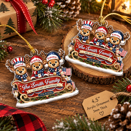 250 Years of Freedom Ornament 1776-2026 Patriotic Reindeer Sleigh Acrylic Christmas Tree Decor on a hanger, ready to ship from Austin, Texas