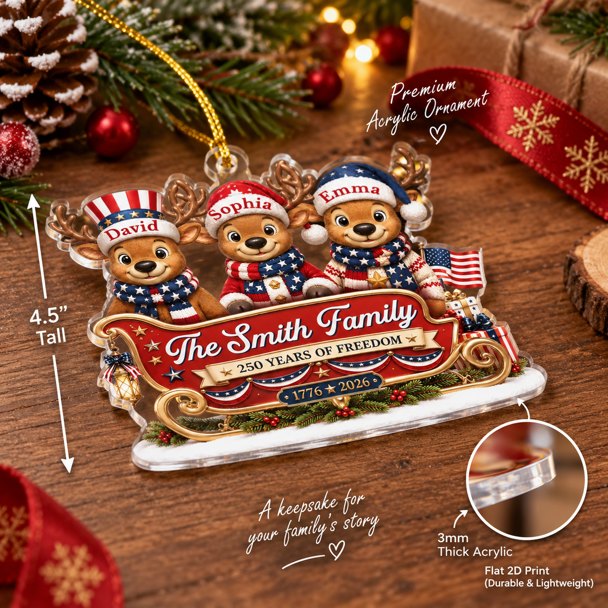 Customer in Austin, Texas wearing 250 Years of Freedom Ornament 1776-2026 Patriotic Reindeer Sleigh Acrylic Christmas Tree Decor