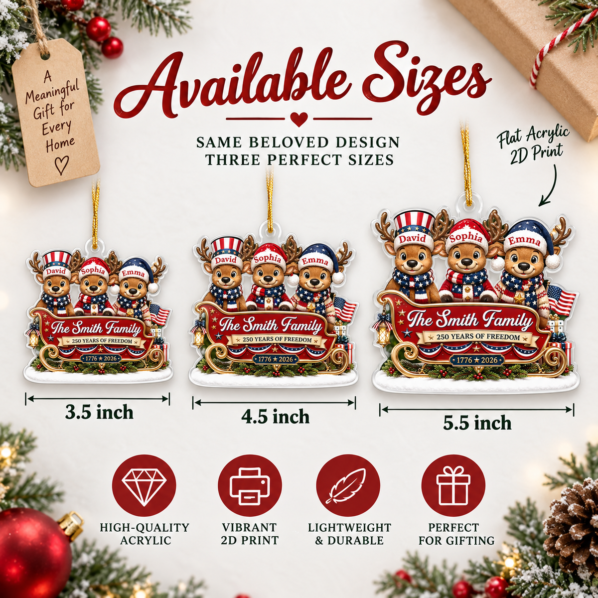 Close-up of 250 Years of Freedom Ornament 1776-2026 Patriotic Reindeer Sleigh Acrylic Christmas Tree Decor for streetwear fans in Austin, Texas