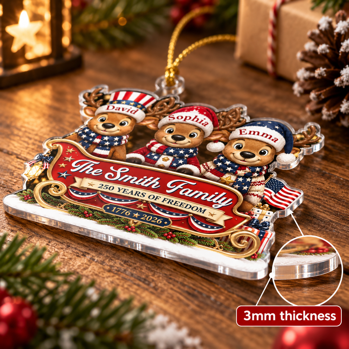 Customer in Austin, Texas wearing 250 Years of Freedom Ornament 1776-2026 Patriotic Reindeer Sleigh Acrylic Christmas Tree Decor