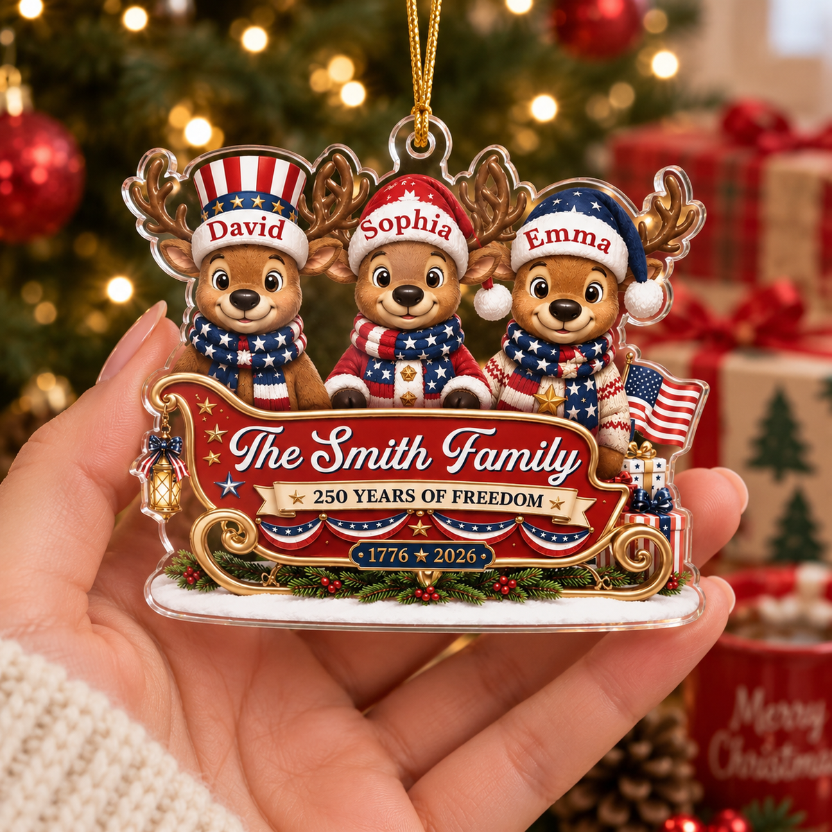 250 Years of Freedom Ornament 1776-2026 Patriotic Reindeer Sleigh Acrylic Christmas Tree Decor available at our Austin, Texas warehouse