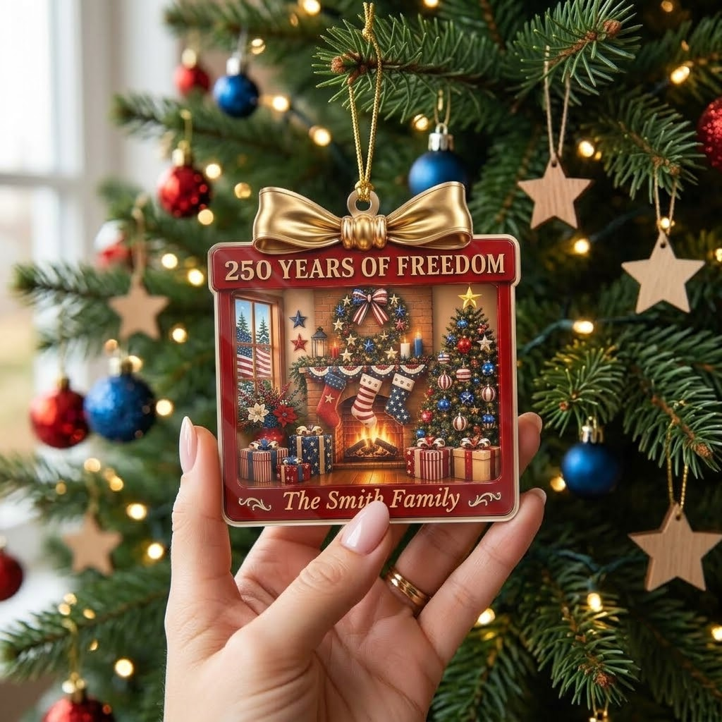 Close-up of 250 Years of Freedom Ornament America 250th Anniversary Patriotic Christmas Fireplace Decor Personal for streetwear fans in Austin, Texas