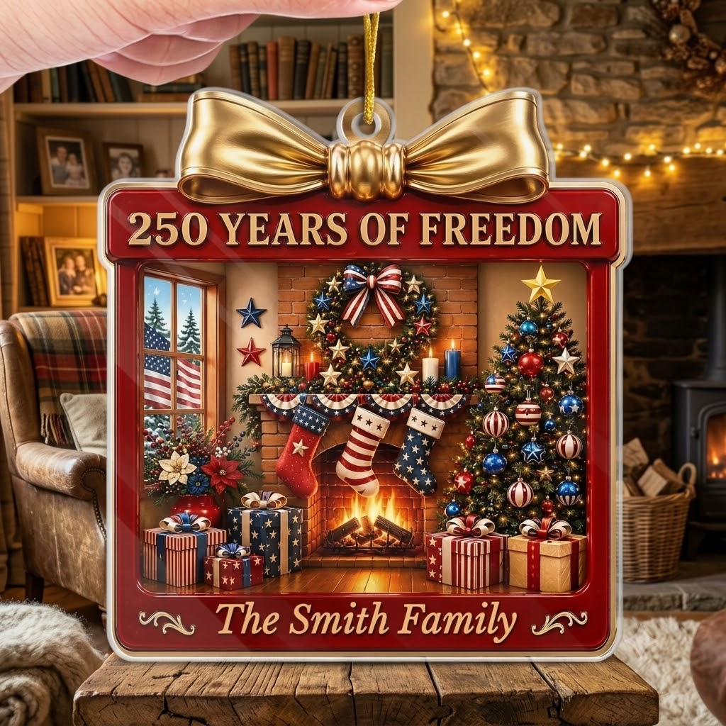 Customer in Austin, Texas wearing 250 Years of Freedom Ornament America 250th Anniversary Patriotic Christmas Fireplace Decor Personal
