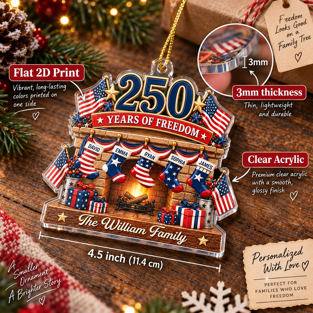 250 Years of Freedom Ornament America 250th Anniversary Patriotic Christmas Tree Decor Personalized  on a hanger, ready to ship from Austin, Texas