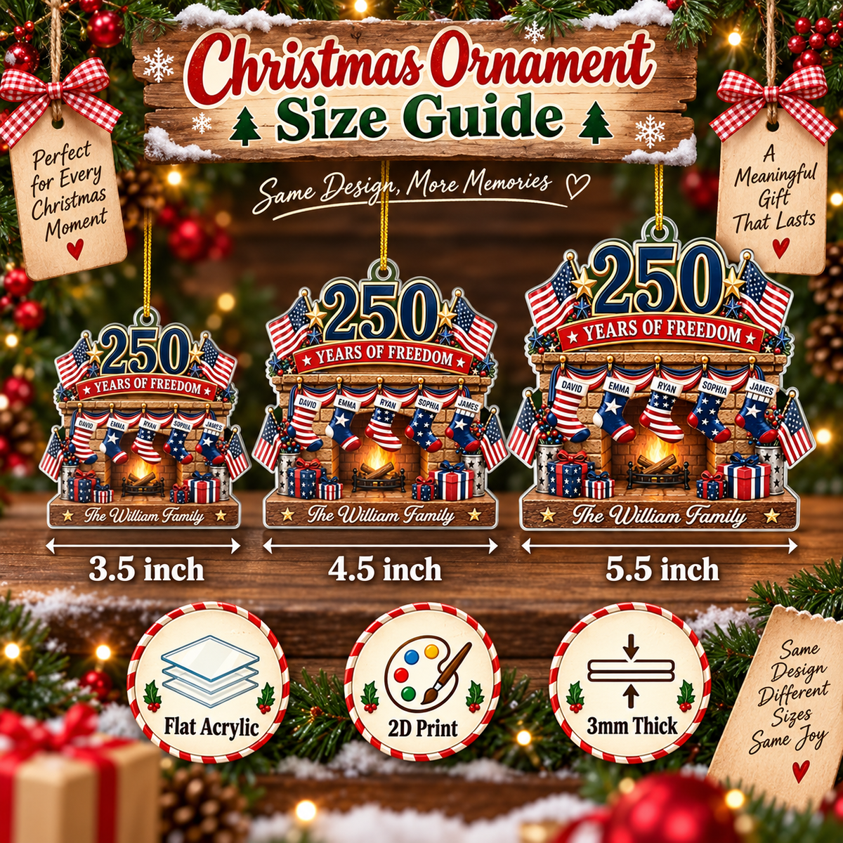 Customer in Austin, Texas wearing 250 Years of Freedom Ornament America 250th Anniversary Patriotic Christmas Tree Decor Personalized 