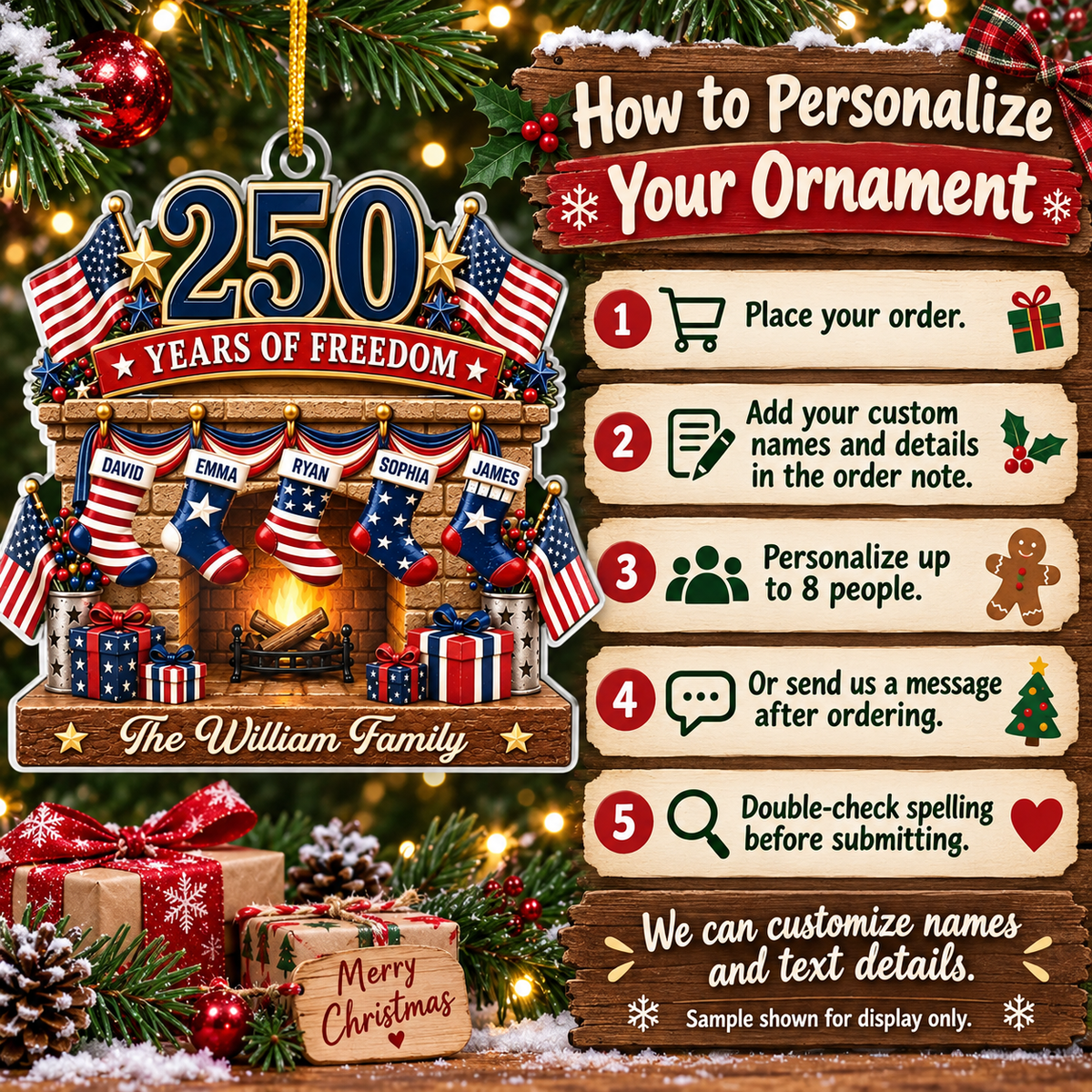 Close-up of 250 Years of Freedom Ornament America 250th Anniversary Patriotic Christmas Tree Decor Personalized  for streetwear fans in Austin, Texas