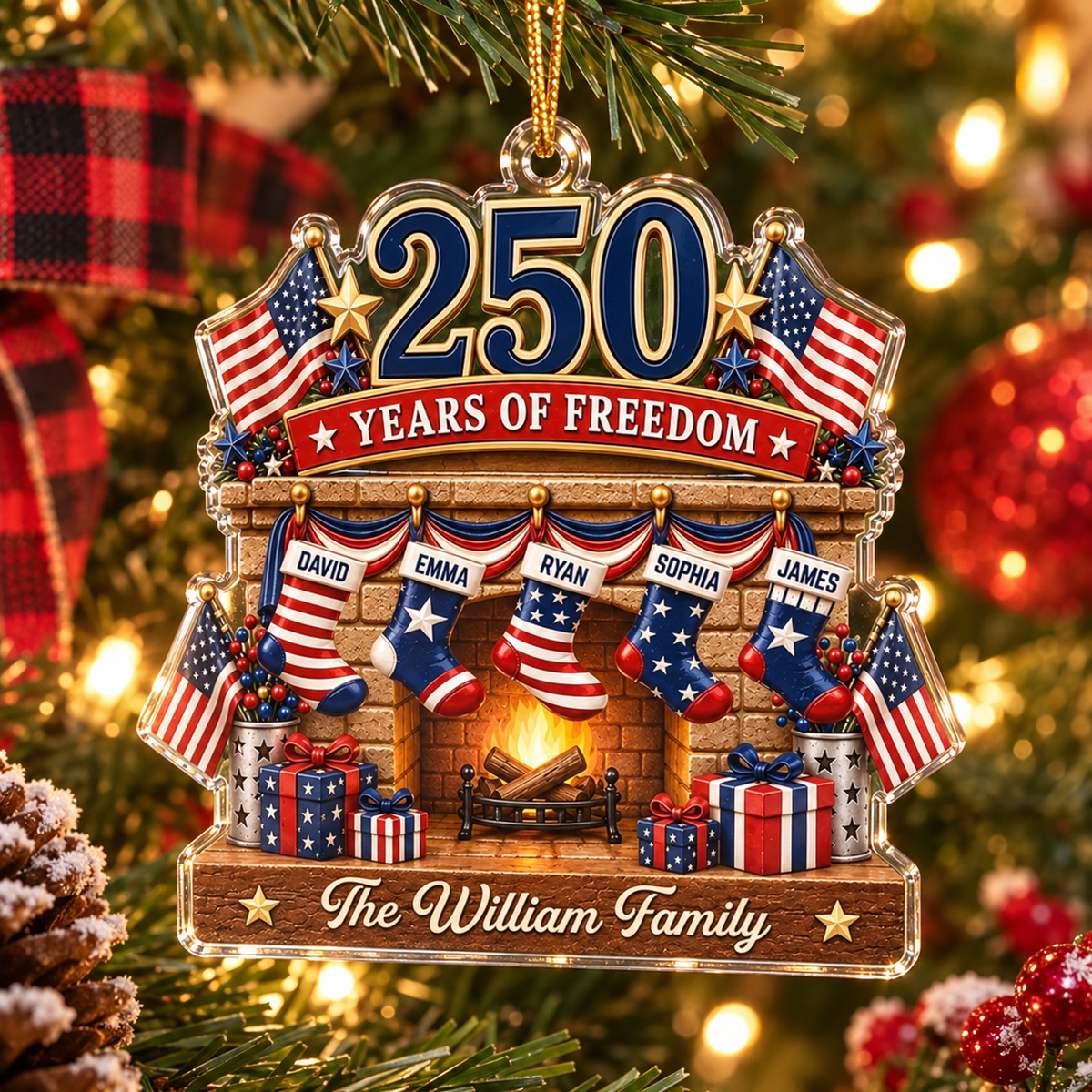 Customer in Austin, Texas wearing 250 Years of Freedom Ornament America 250th Anniversary Patriotic Christmas Tree Decor Personalized 