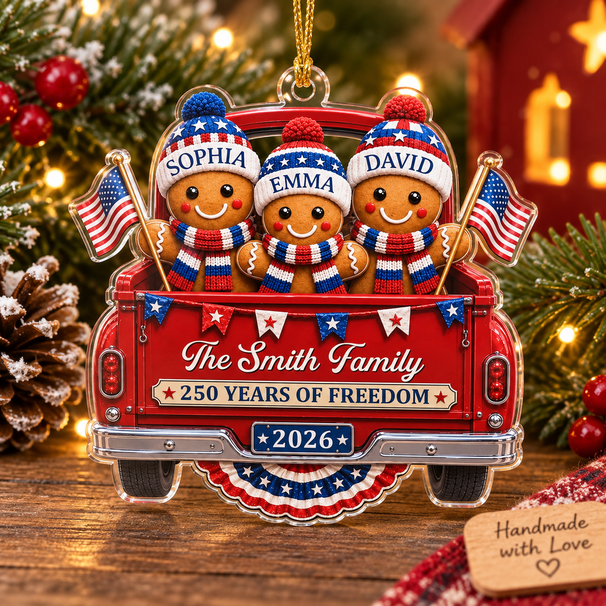 250 Years of Freedom Ornament Patriotic Gingerbread Truck Christmas Gift on a hanger, ready to ship from Austin, Texas