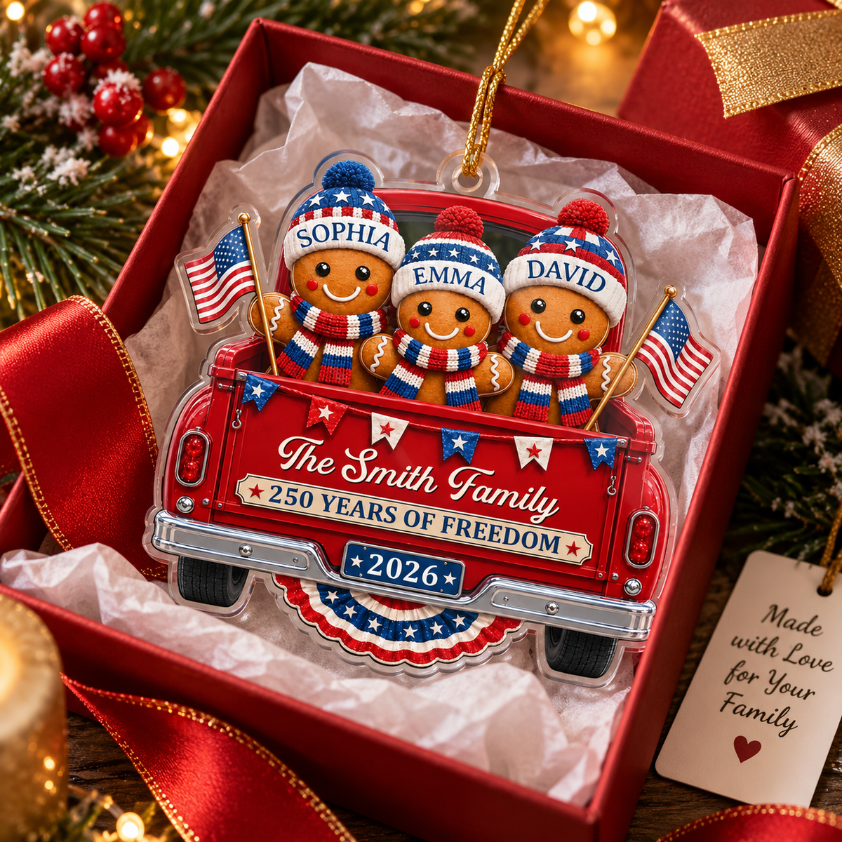 Close-up of 250 Years of Freedom Ornament Patriotic Gingerbread Truck Christmas Gift for streetwear fans in Austin, Texas