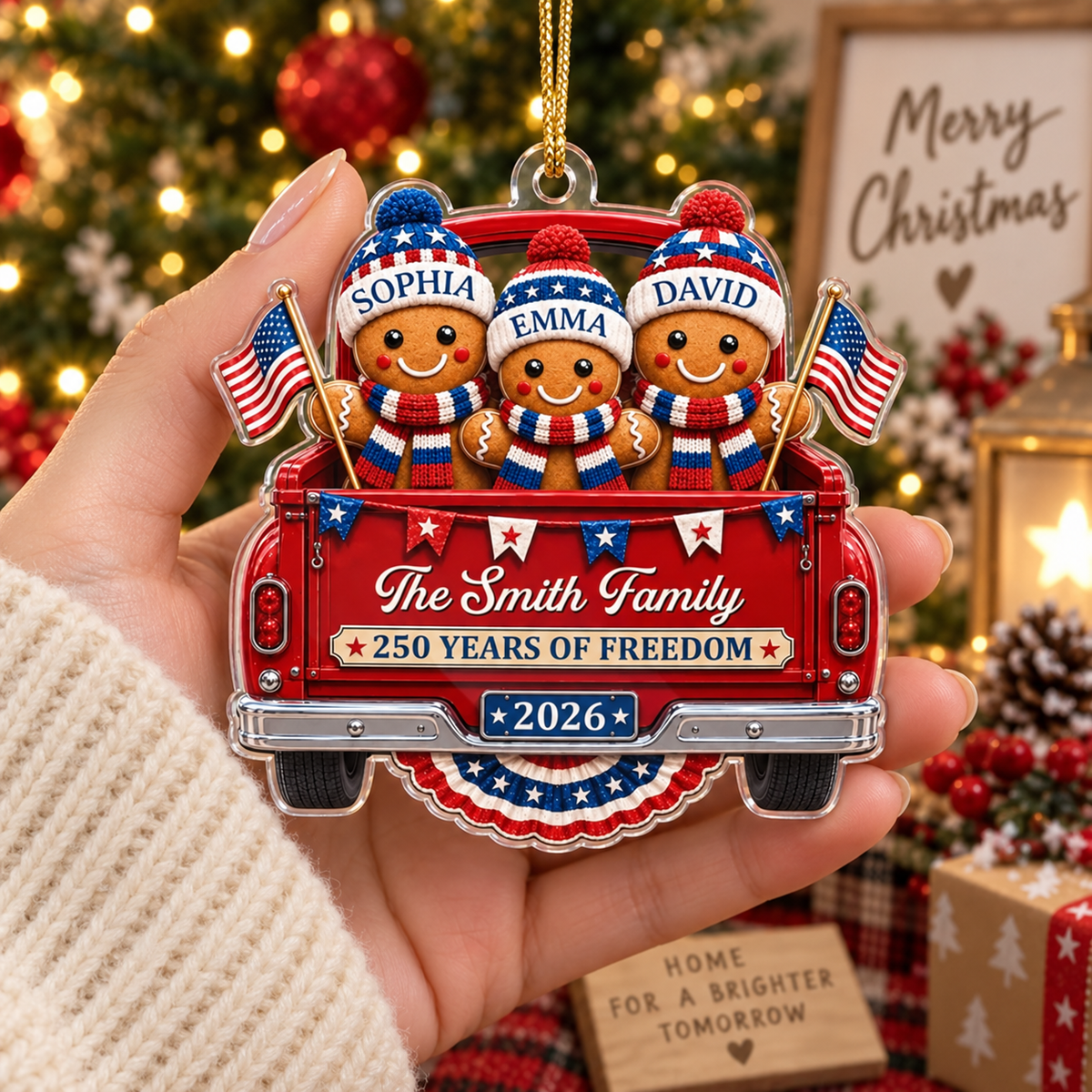 250 Years of Freedom Ornament Patriotic Gingerbread Truck Christmas Gift available at our Austin, Texas warehouse