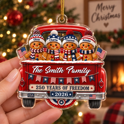 250 Years of Freedom Ornament Personalized Patriotic Gingerbread Truck Christmas Gift on a hanger, ready to ship from Austin, Texas