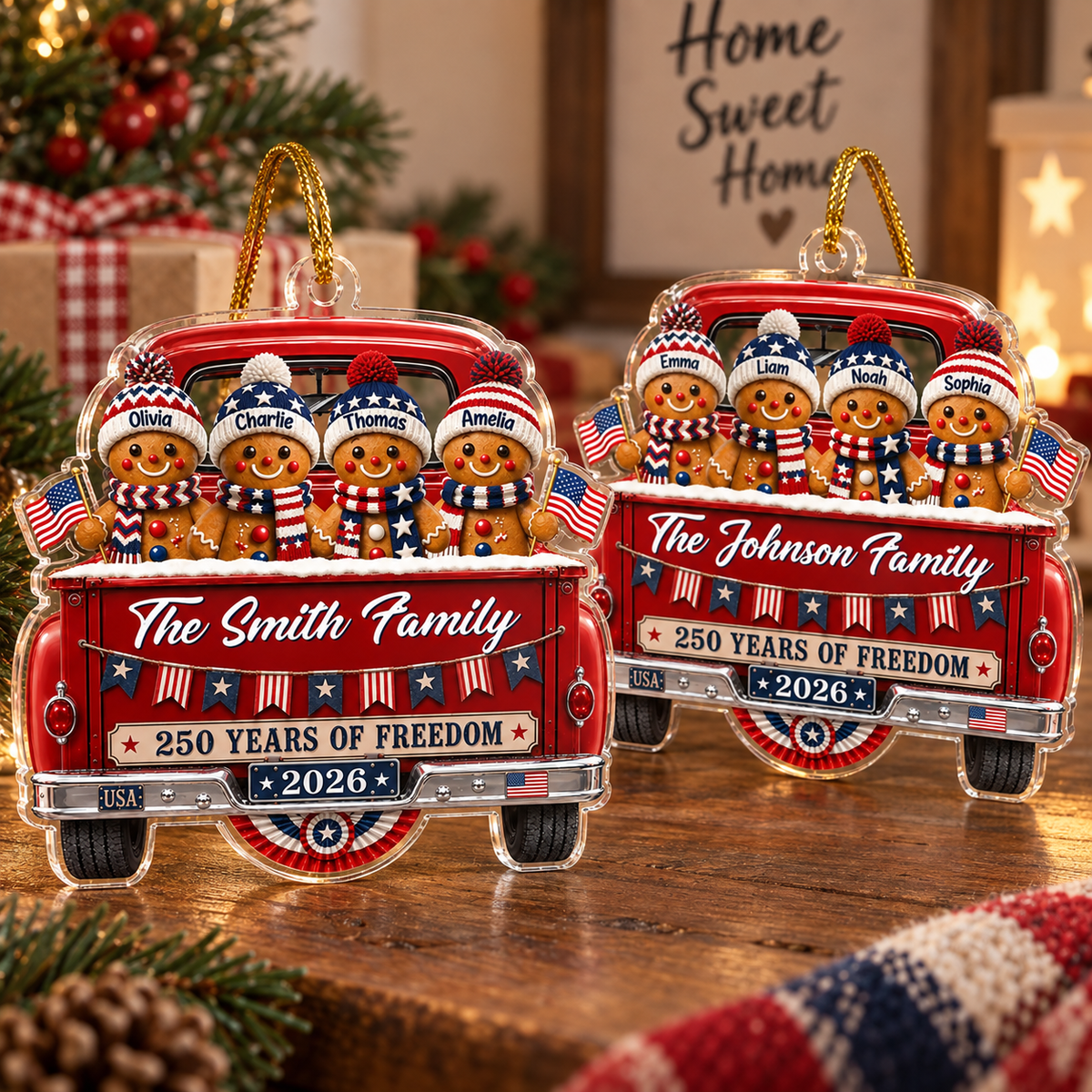 Customer in Austin, Texas wearing 250 Years of Freedom Ornament Personalized Patriotic Gingerbread Truck Christmas Gift