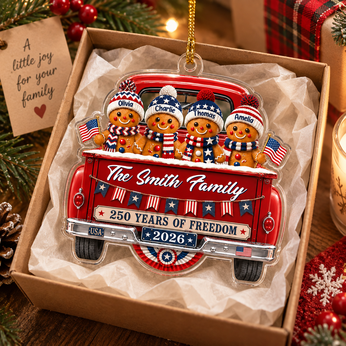 Close-up of 250 Years of Freedom Ornament Personalized Patriotic Gingerbread Truck Christmas Gift for streetwear fans in Austin, Texas
