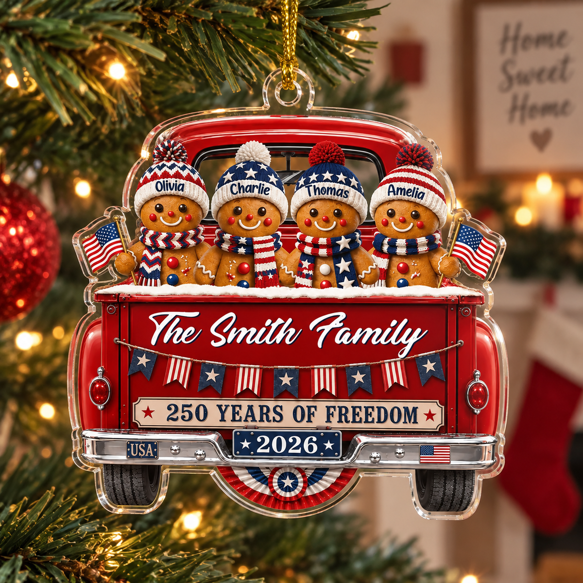 250 Years of Freedom Ornament Personalized Patriotic Gingerbread Truck Christmas Gift available at our Austin, Texas warehouse