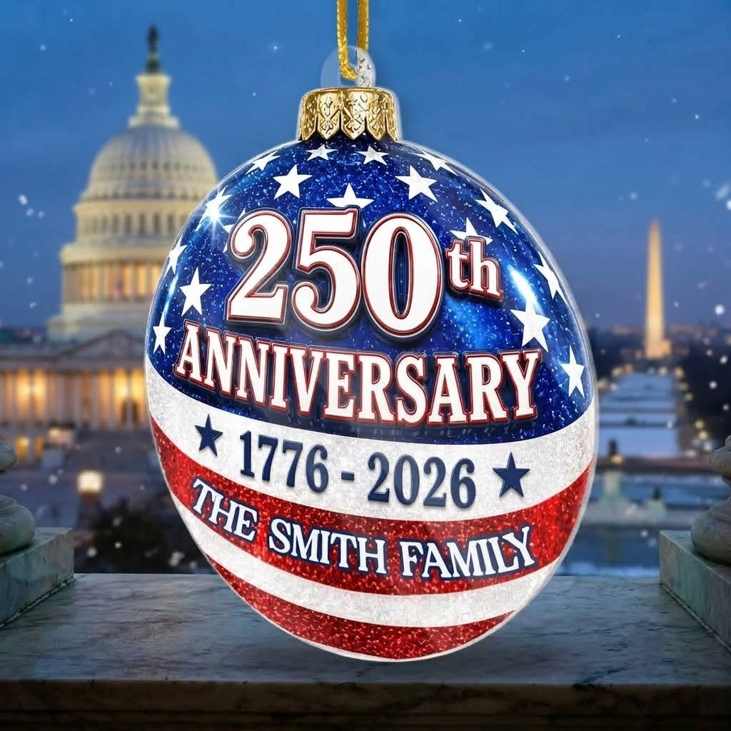 250th Anniversary 1776-2026 Ornament, Personalized USA America 250 Patriotic Christmas Keepsake Gift on a hanger, ready to ship from Austin, Texas