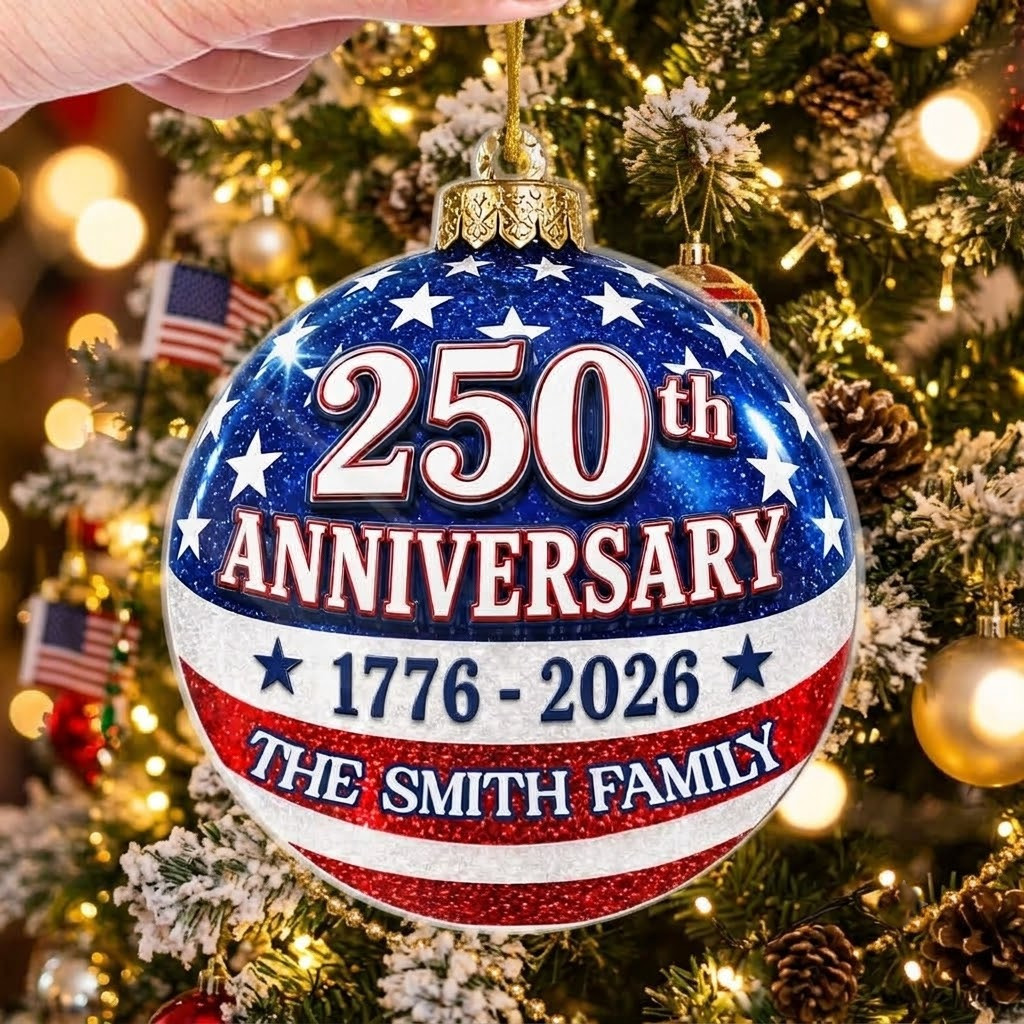 Customer in Austin, Texas wearing 250th Anniversary 1776-2026 Ornament, Personalized USA America 250 Patriotic Christmas Keepsake Gift