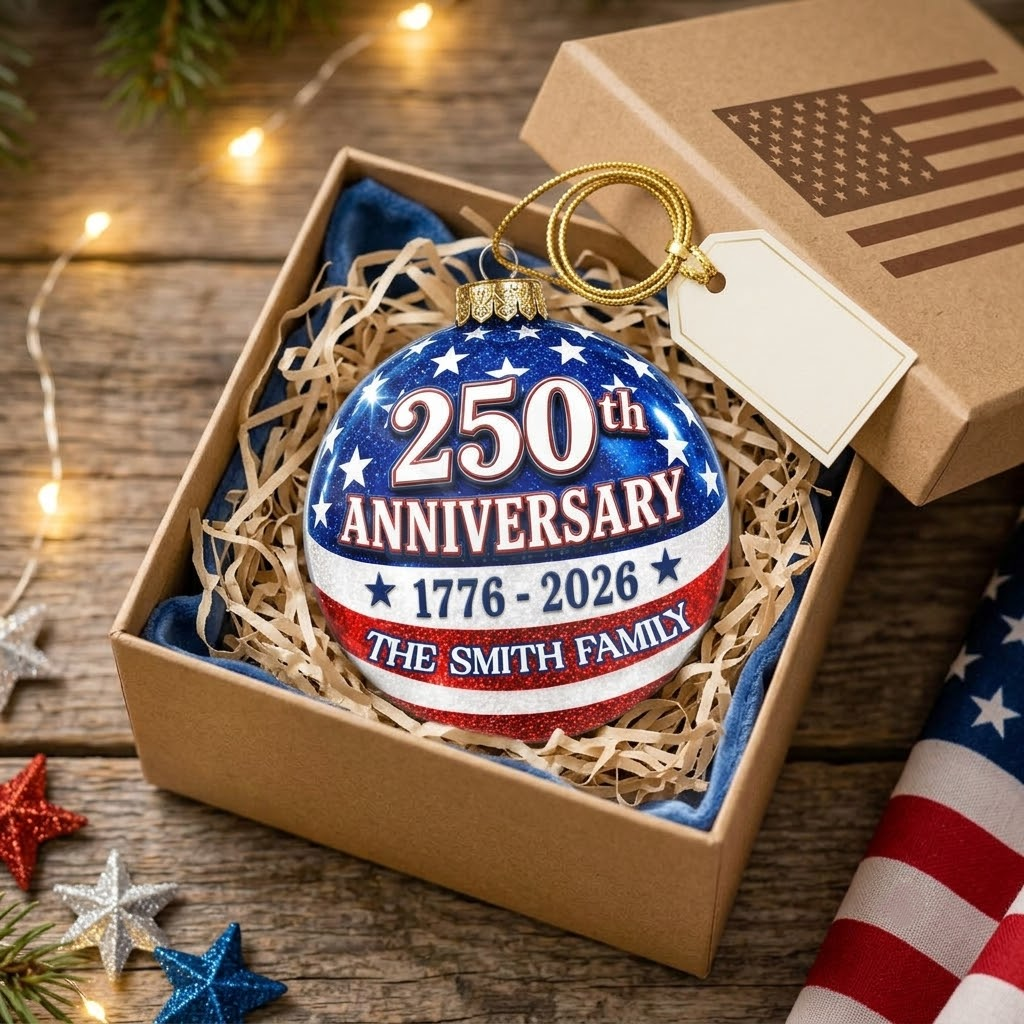 Close-up of 250th Anniversary 1776-2026 Ornament, Personalized USA America 250 Patriotic Christmas Keepsake Gift for streetwear fans in Austin, Texas
