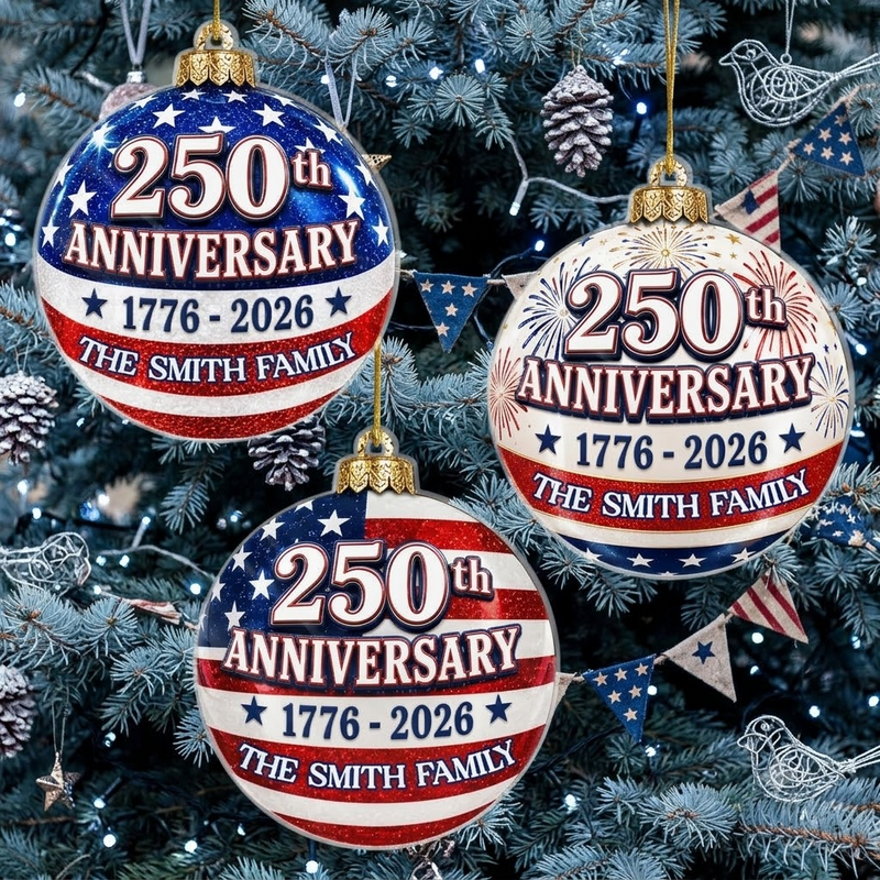 250th Anniversary 1776-2026 Ornament, Personalized USA America 250 Patriotic Christmas Keepsake Gift available at our Austin, Texas warehouse