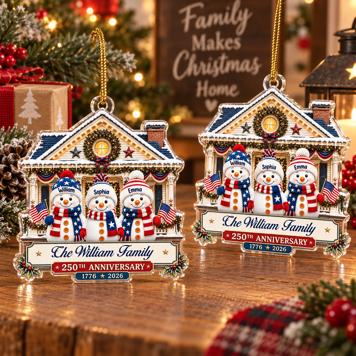 Customer in Austin, Texas wearing 250th Anniversary Ornament 1776-2026 Semiquincentennial Patriotic Snowman Christmas Tree Decor