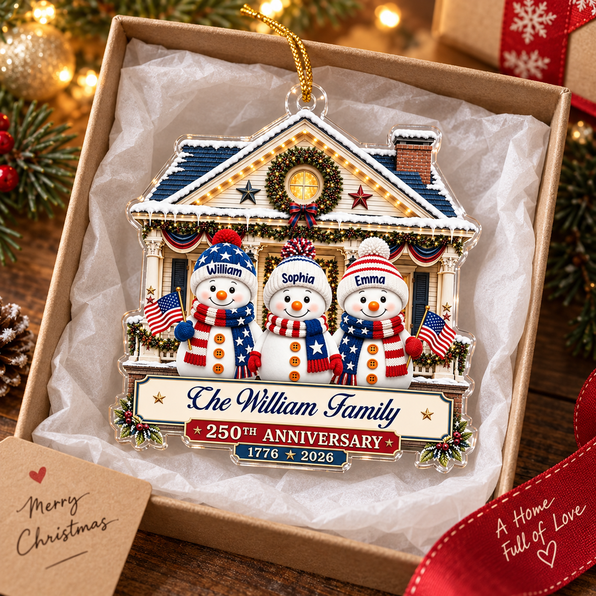 Close-up of 250th Anniversary Ornament 1776-2026 Semiquincentennial Patriotic Snowman Christmas Tree Decor for streetwear fans in Austin, Texas
