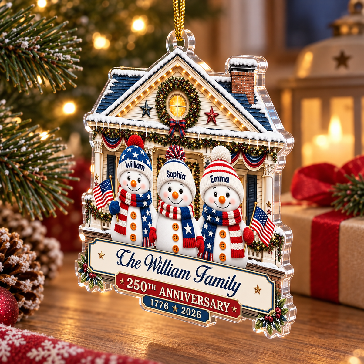 Customer in Austin, Texas wearing 250th Anniversary Ornament 1776-2026 Semiquincentennial Patriotic Snowman Christmas Tree Decor
