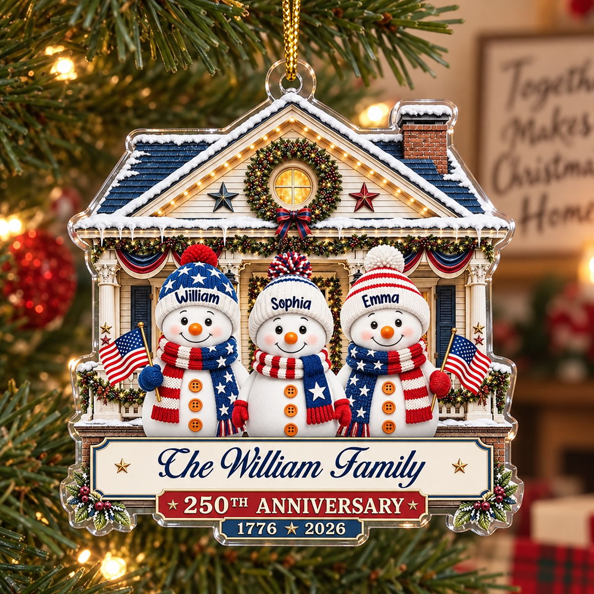 250th Anniversary Ornament 1776-2026 Semiquincentennial Patriotic Snowman Christmas Tree Decor available at our Austin, Texas warehouse