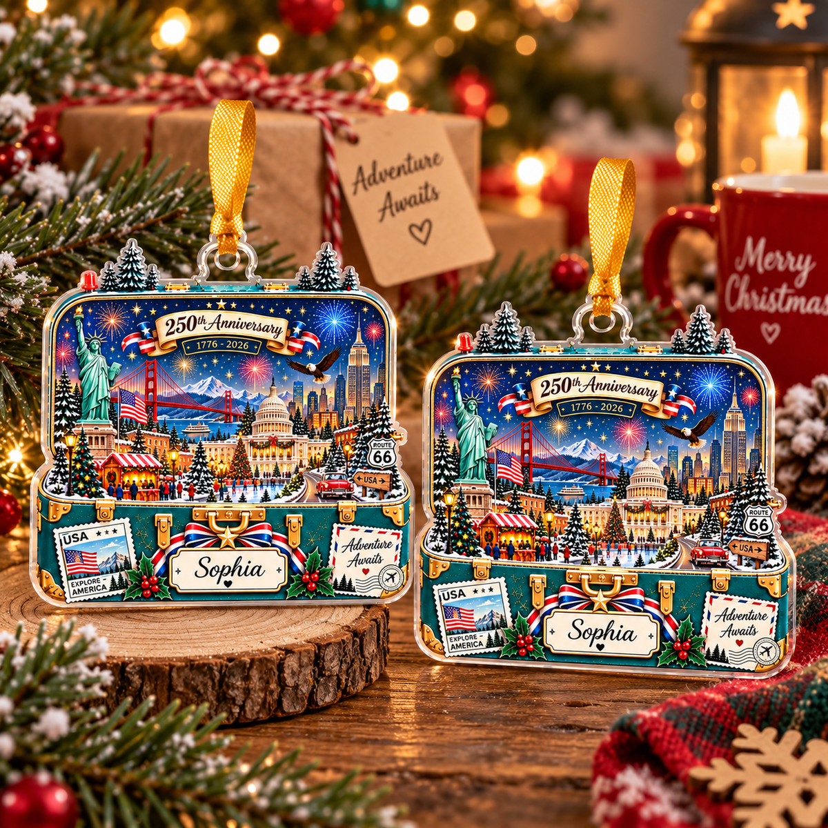 Two personalized USA semiquincentennial ornaments displayed together on a wooden log slice.