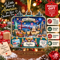 Patriotic travel ornament surrounded by holiday gift tags, pinecones, and size options.