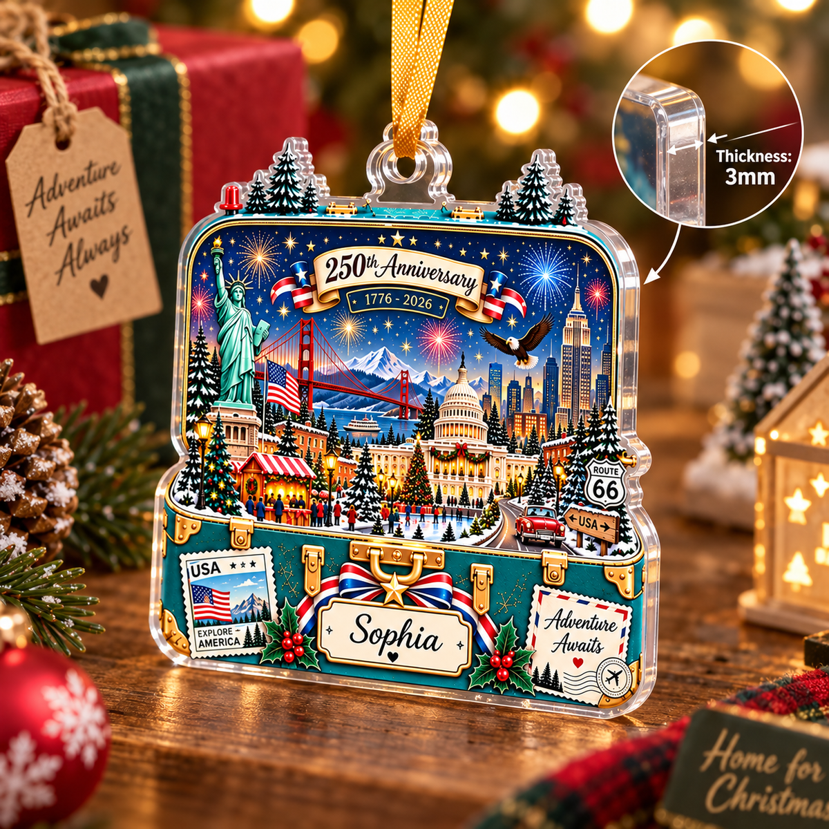 Personalized Christmas ornament featuring US landmarks with a close-up inset showing 3mm thickness.