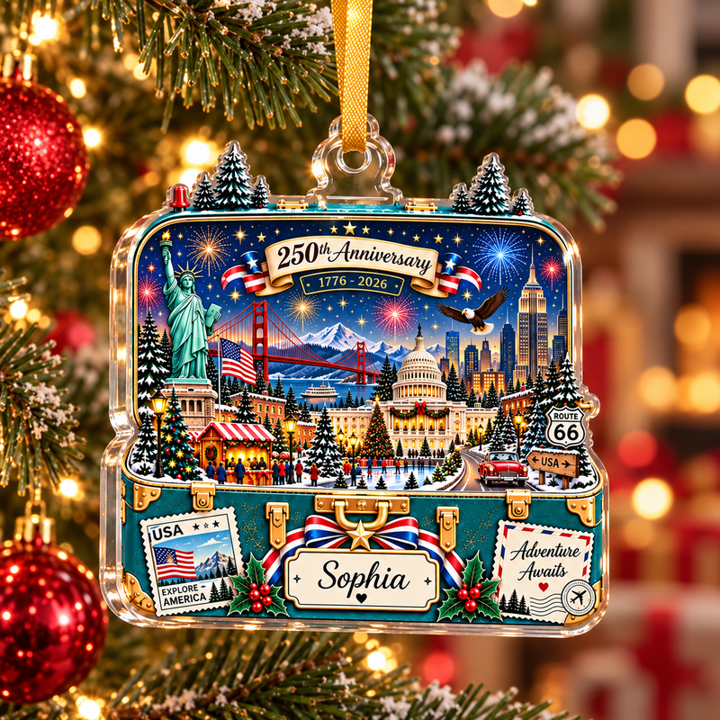 250th Anniversary Ornament 1776-2026 USA Explore America Route 66 Adventure Awaits Patriotic Travel  available at our Austin, Texas warehouse