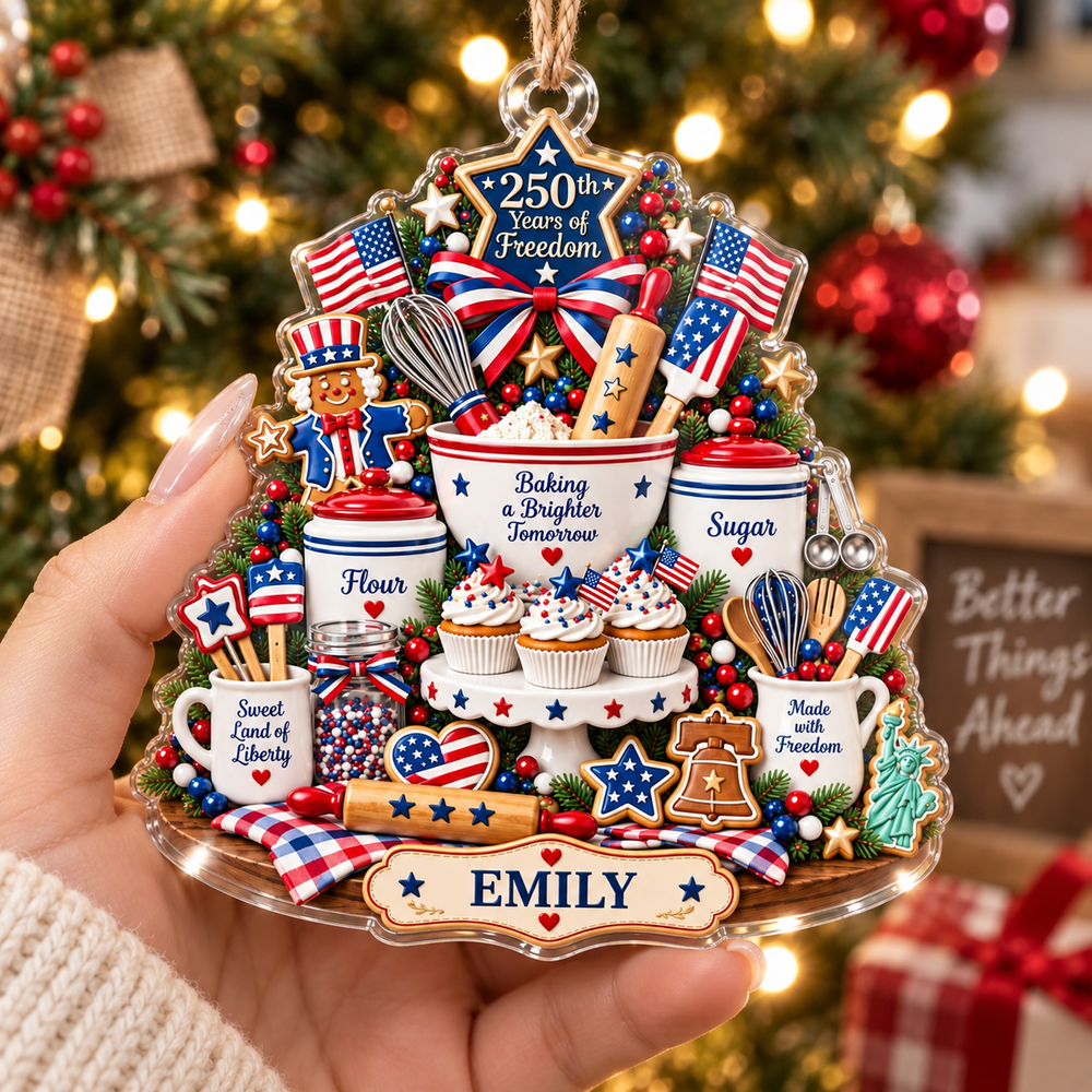 Hand holding the flat glossy acrylic Christmas tree ornament featuring patriotic baking motifs and personalized name Emily.