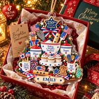 America 250 patriotic baking Christmas tree ornament in a red gift box with a greeting card for a baker gift idea.