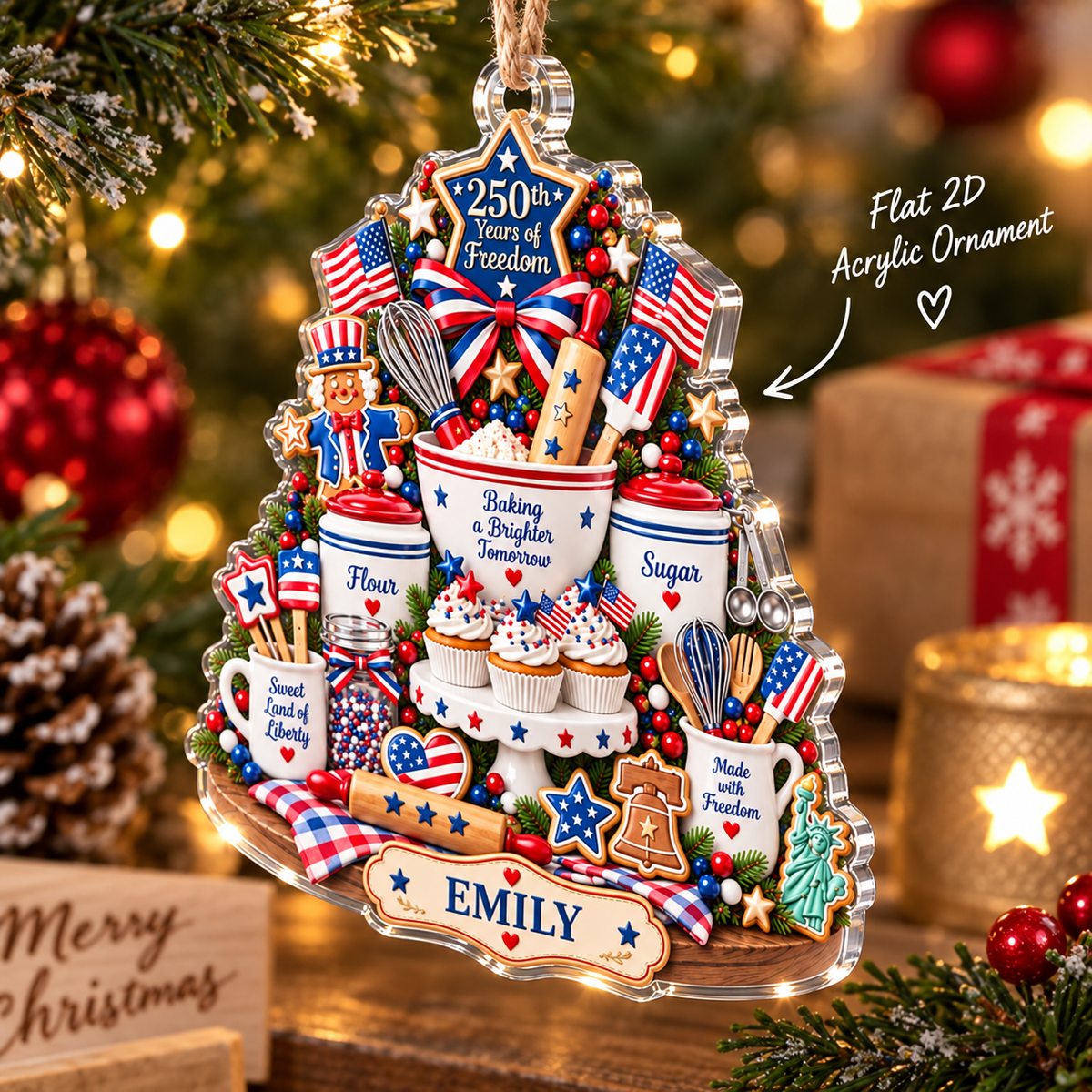 Flat acrylic Christmas tree ornament featuring patriotic baking graphics with a graphic pointer indicating its 2D design.