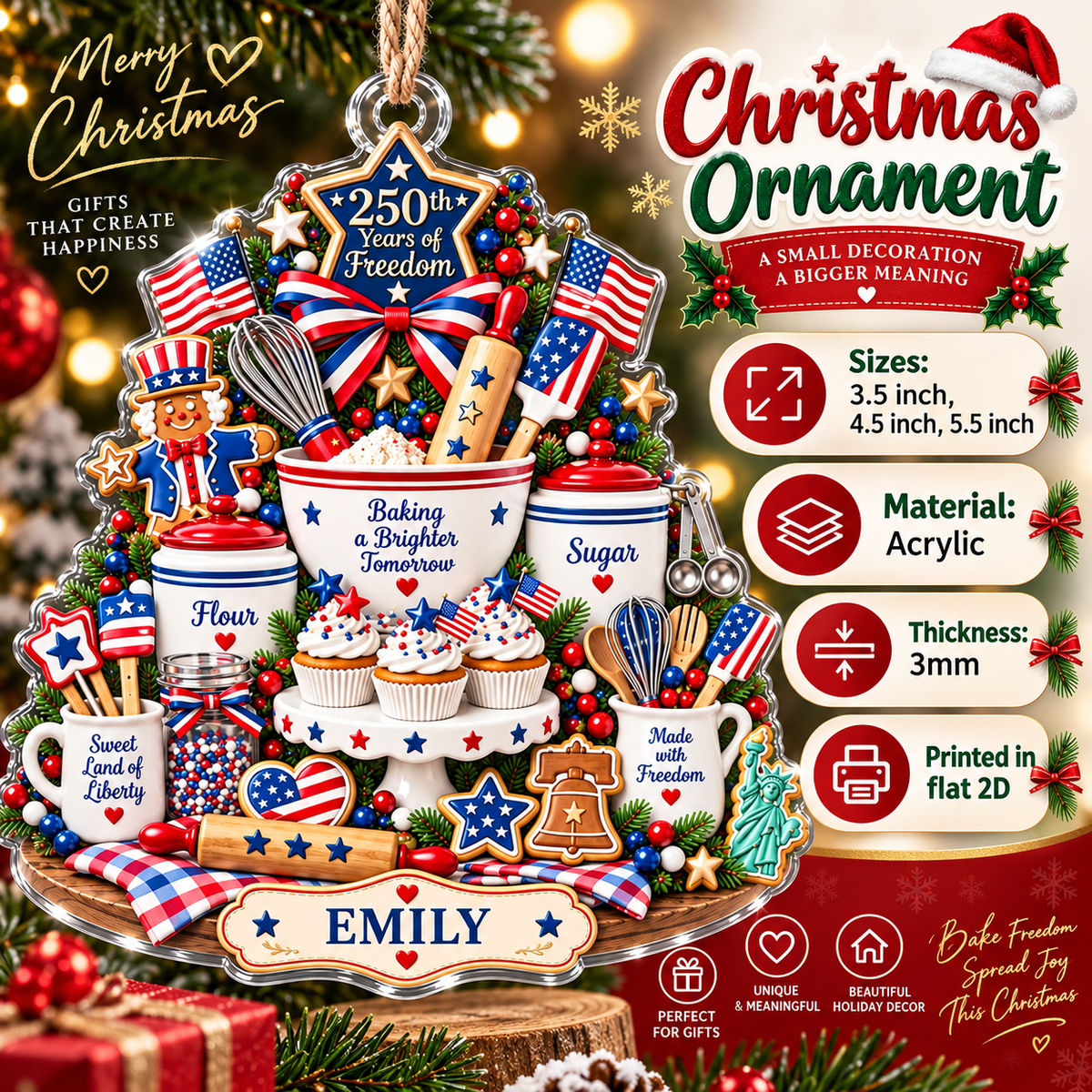Product feature guide for the patriotic America 250 acrylic Christmas tree ornament showing sizes and material details.