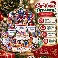 Product feature guide for the patriotic America 250 acrylic Christmas tree ornament showing sizes and material details.
