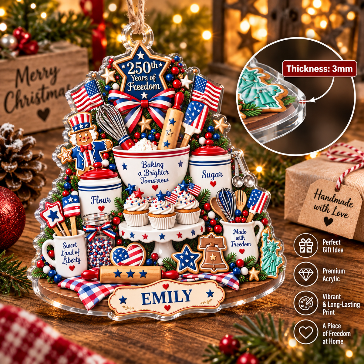 Close-up of the 3mm thick glossy acrylic patriotic baking Christmas tree ornament with a circular zoom showing the side