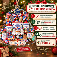 Infographic showing how to customize the patriotic America 250 Christmas tree ornament with a name like Emily.