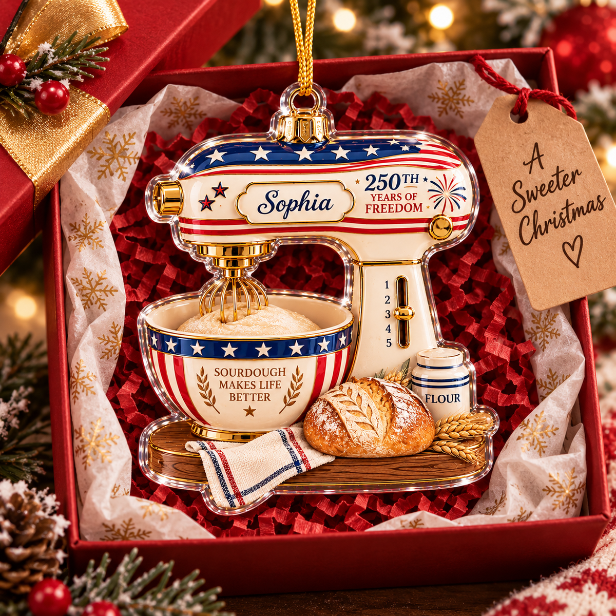 Bread lover gift ornament shaped like a patriotic mixer shown inside a red gift box lined with red shredded paper.