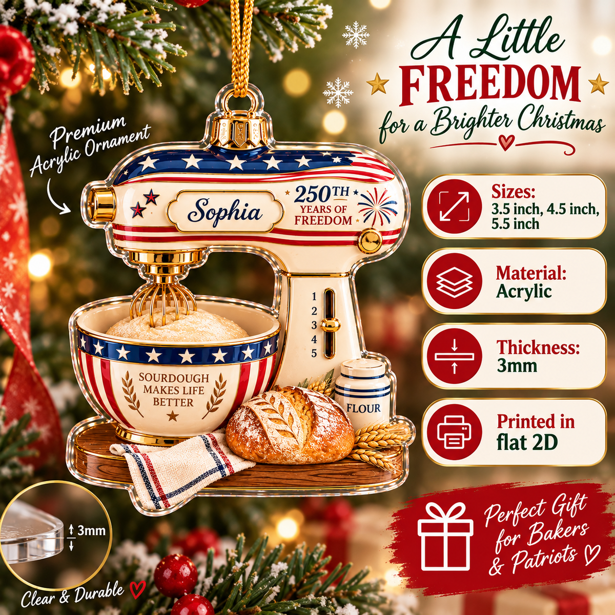 Infographic showcasing the 250th years of freedom ornament with acrylic material details, sizes, and a bread lover gift tag.
