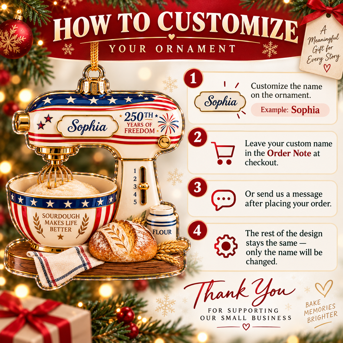Patriotic stand mixer ornament with '250th Years of Freedom' and 'Sourdough Makes Life Better' on the mixing bowl, with