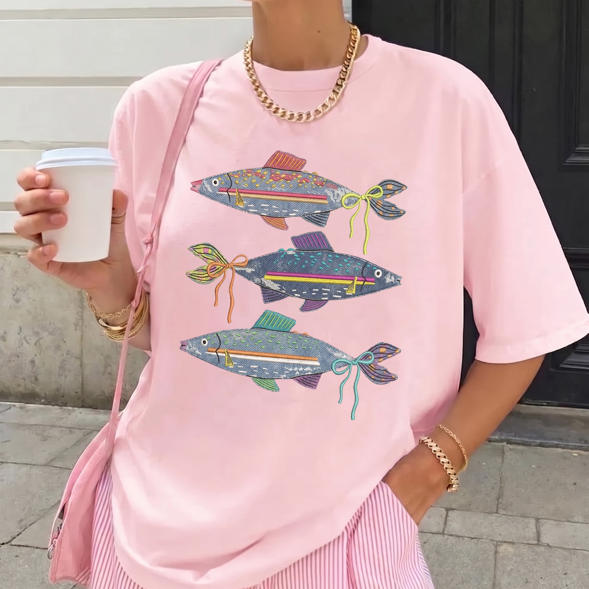 Bojjico Women's Preppy Denim Fish Shirt Coquette Bow Oversized Graphic T-Shirt Colorful Maximalist Summer Vacation Beach Tee Pink Cotton Blend Funny Fishing Top Casual Loose Fit Short Sleeve Coastal Aesthetic Trendy Outfit