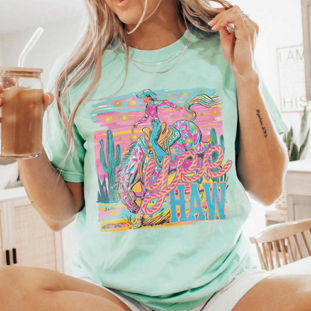 Bojjico Neon Yeehaw Graphic Oversized T-Shirt For Women Retro Westerncore Electric Cowgirl Cream Cotton Blend Trendy Country Concert Outfit Preppy Y2K Festival Top Rodeo Night Nashville Bachelorette Party Boutique Tee