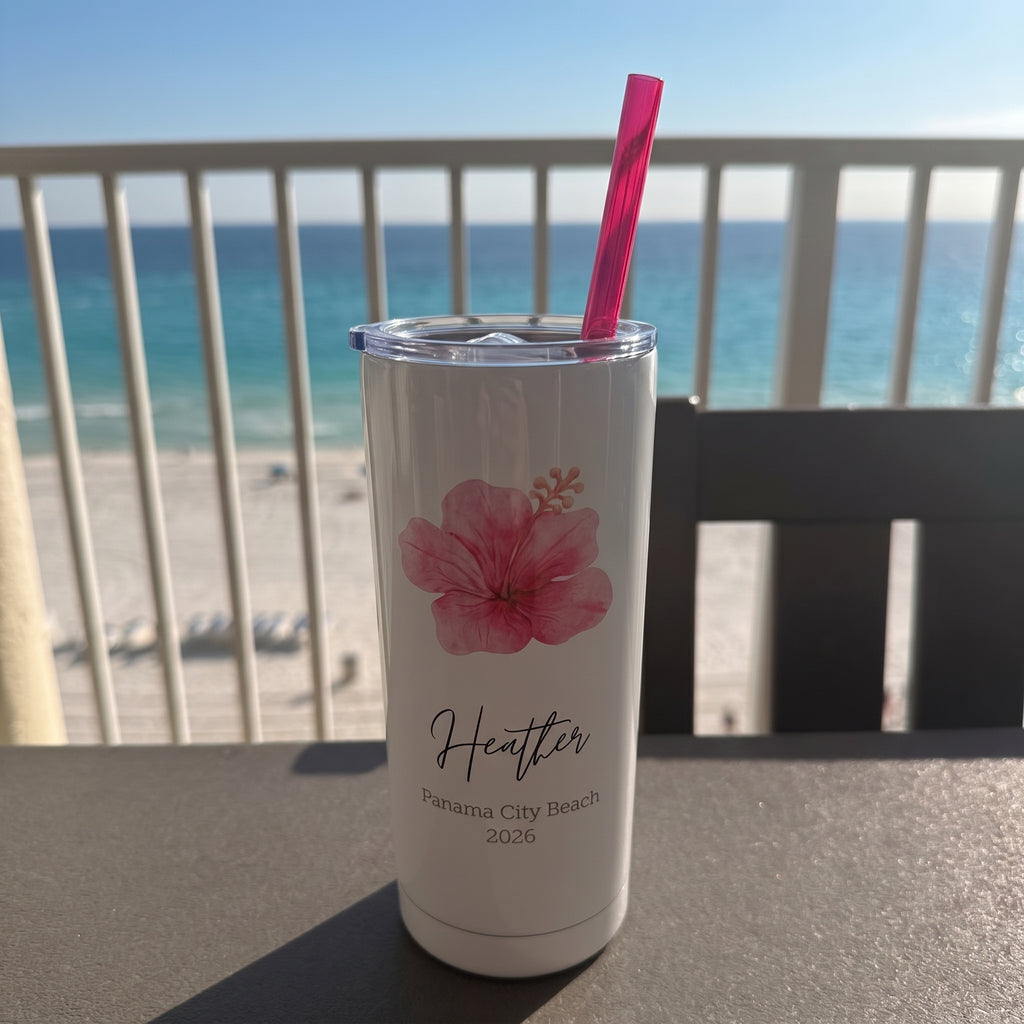 Bojjico Custom Personalized Name Vacation Tumbler 20oz Skinny Tumbler With Straw For Women Preppy Tropical Beach Aesthetic White Stainless Steel Matching Girls Trip Bachelorette Spring Break Summer Travel Essentials Gift Cup