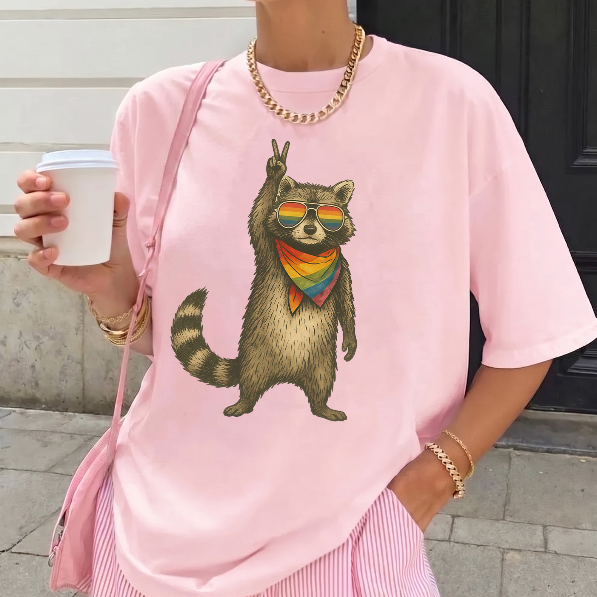 Bojjico Raccoon Pride LGBT Shirt Oversized Graphic Tee Top Women's Y2K Casual Streetwear Funny Novelty Cream Off-White Cotton Blend LGBTQ Support Equality Shirt Pride Month Rainbow Flag Summer Short Sleeve Basic T-Shirt