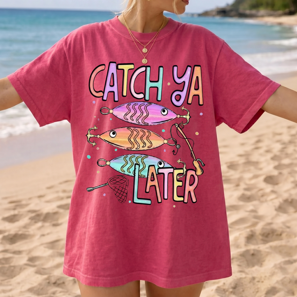 BojjiCo Catch Ya Later Fishing Shirt Pastel Fishing Summer Fishing Shirt Design Graphic Tee Preppy Coastal Lake Stripes Design Summer Vacation Aesthetic T-Shirt for Women Cute Outdoors Lake Life Clothing