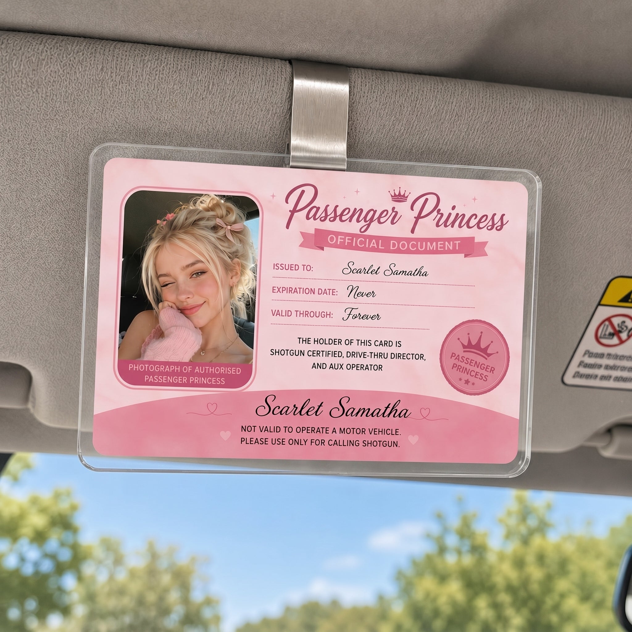 Bojjico Viral Personalized Passenger Princess Official Document Car Visor Clip Custom Photo And Name ID Badge Holder For Girlfriend Cute Pink Coquette Aesthetic Clear Acrylic Funny Car Accessories Gift Shotgun Rider Meme Gag Gifts